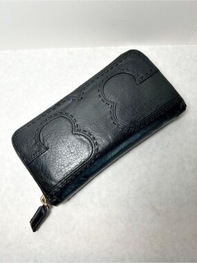 Tory Burch Black Leather Zip Around Continental Wallet w/Decorative Topstitching